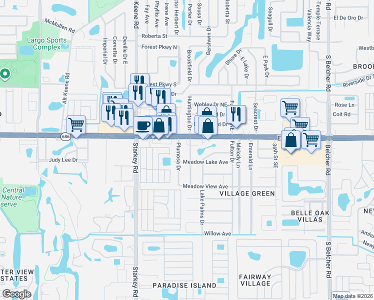 map of restaurants, bars, coffee shops, grocery stores, and more near 120 Royal Palm Drive in Largo