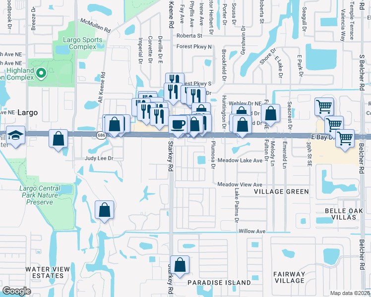 map of restaurants, bars, coffee shops, grocery stores, and more near 2505 East Bay Drive in Largo