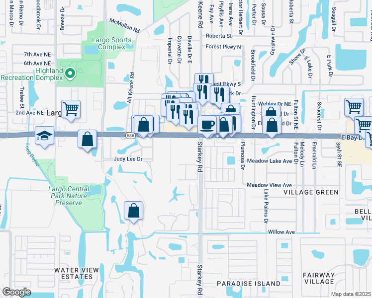 map of restaurants, bars, coffee shops, grocery stores, and more near 2291 East Bay Drive in Largo
