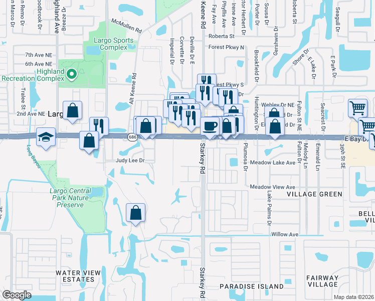map of restaurants, bars, coffee shops, grocery stores, and more near 2291 East Bay Drive in Largo