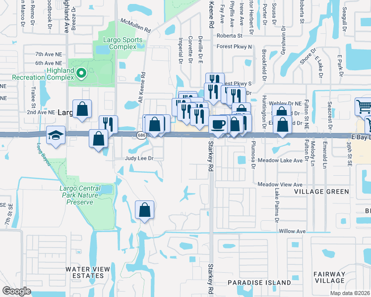 map of restaurants, bars, coffee shops, grocery stores, and more near 2291 East Bay Drive in Largo