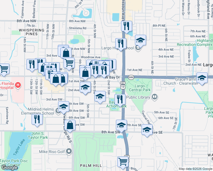 map of restaurants, bars, coffee shops, grocery stores, and more near 291 Cleveland Avenue Southwest in Largo