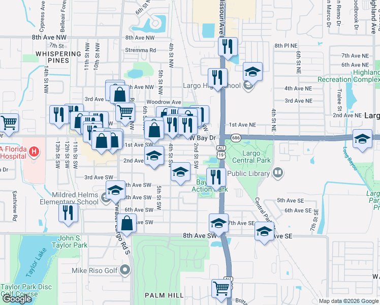 map of restaurants, bars, coffee shops, grocery stores, and more near 291 Cleveland Avenue Southwest in Largo