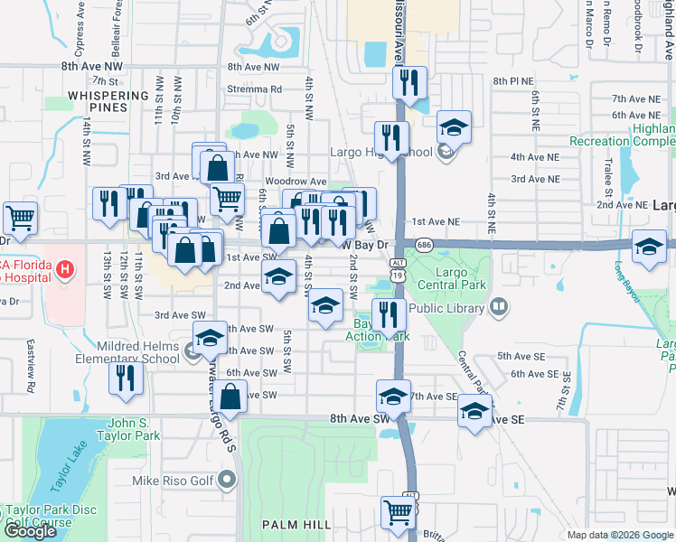 map of restaurants, bars, coffee shops, grocery stores, and more near 291 Cleveland Avenue Southwest in Largo