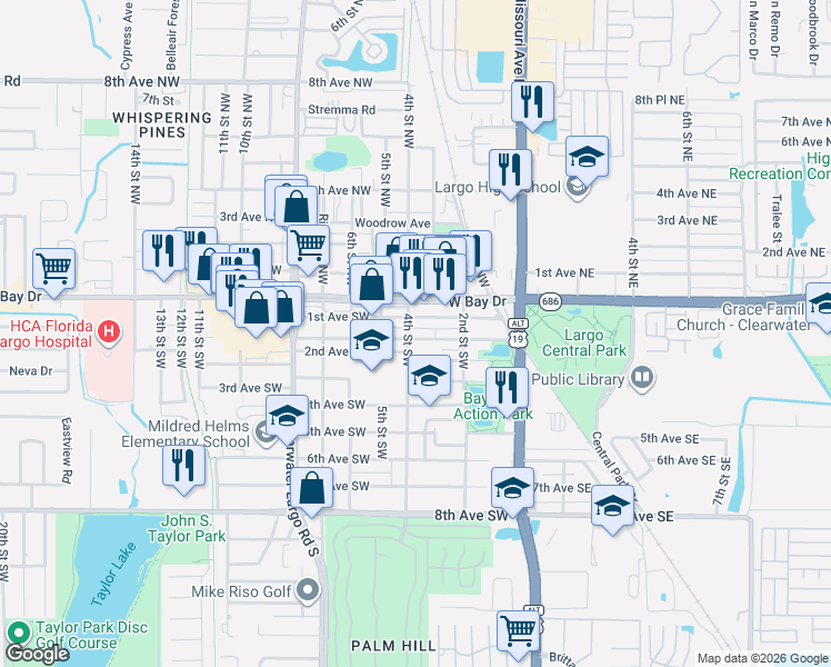 map of restaurants, bars, coffee shops, grocery stores, and more near 405 Cleveland Avenue Southwest in Largo