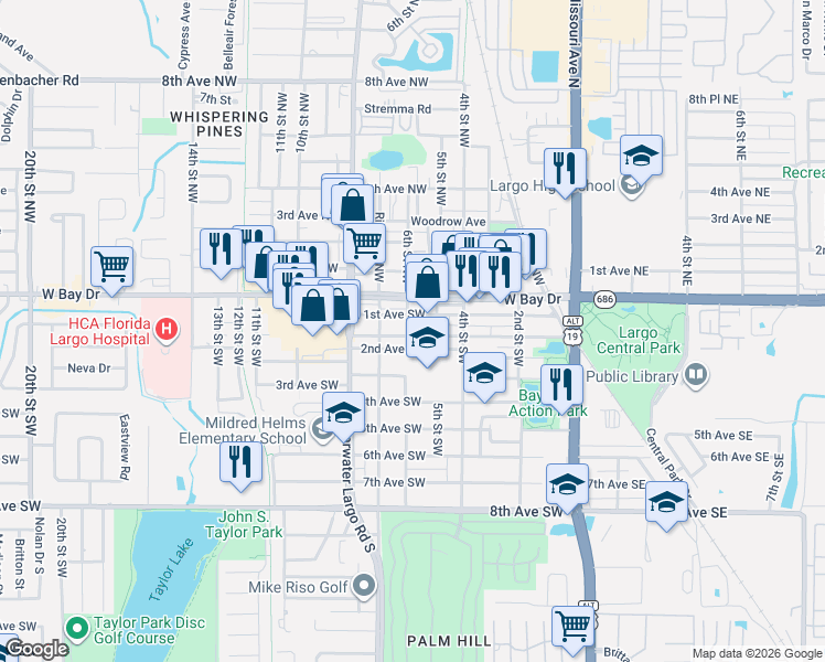 map of restaurants, bars, coffee shops, grocery stores, and more near 198 6th Street Southwest in Largo
