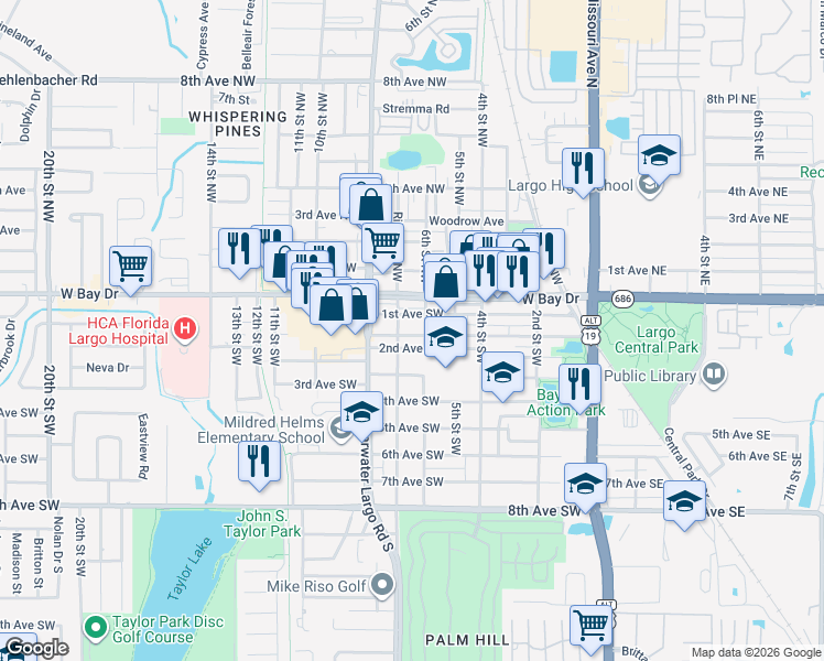 map of restaurants, bars, coffee shops, grocery stores, and more near 703 Cleveland Avenue Southwest in Largo