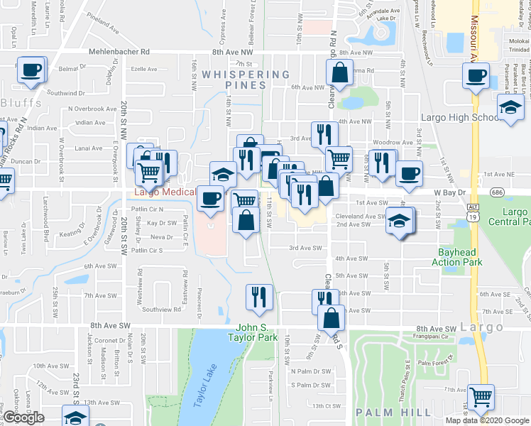 map of restaurants, bars, coffee shops, grocery stores, and more near 176 11th Street Southwest in Largo