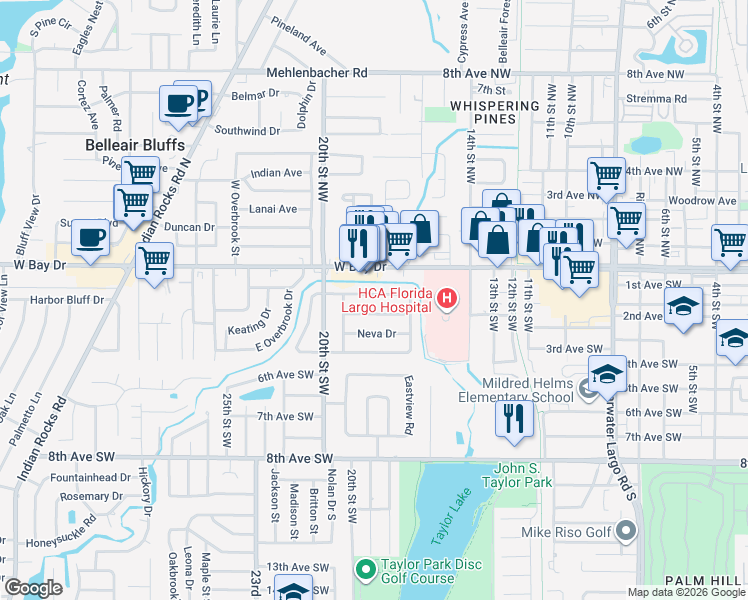 map of restaurants, bars, coffee shops, grocery stores, and more near 1831 Kay Drive Southwest in Largo