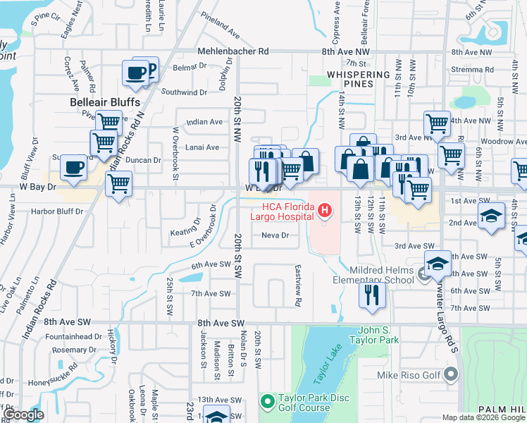 map of restaurants, bars, coffee shops, grocery stores, and more near 1831 Kay Drive Southwest in Largo