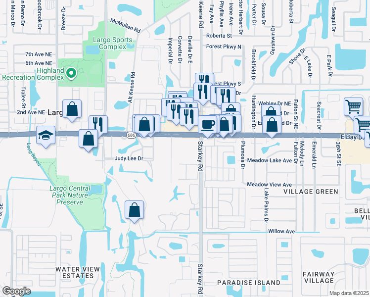 map of restaurants, bars, coffee shops, grocery stores, and more near 2291 East Bay Drive in Largo