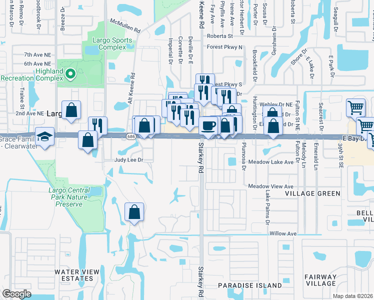 map of restaurants, bars, coffee shops, grocery stores, and more near 2291 East Bay Drive in Largo