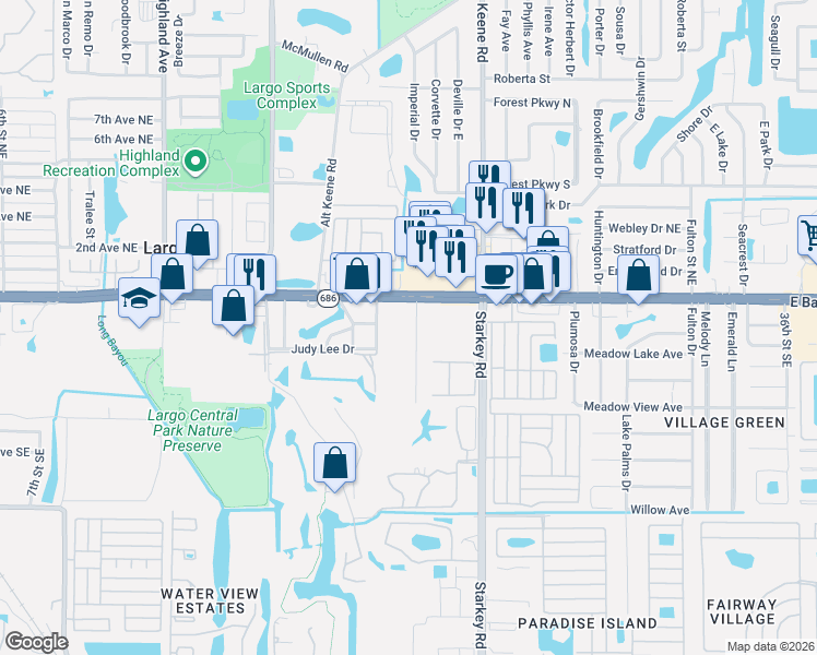 map of restaurants, bars, coffee shops, grocery stores, and more near 172 21st Terrace Southeast in Largo