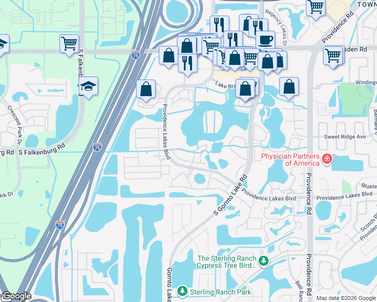 map of restaurants, bars, coffee shops, grocery stores, and more near Lexington Oak Drive in Brandon