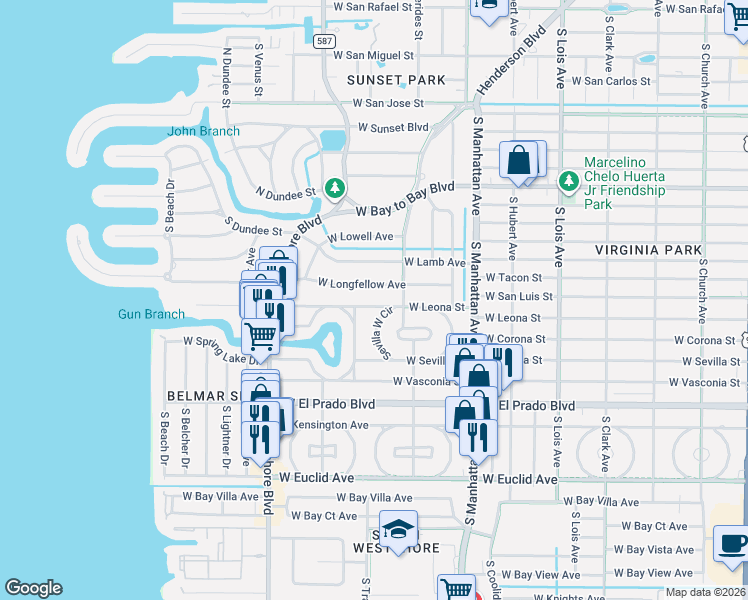 map of restaurants, bars, coffee shops, grocery stores, and more near 4612 West Leona Street in Tampa