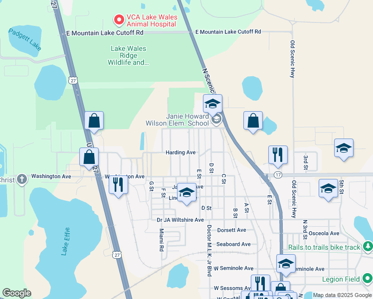 map of restaurants, bars, coffee shops, grocery stores, and more near 337 Pearl Street in Lake Wales