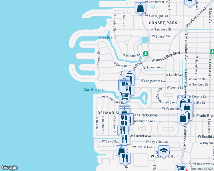 map of restaurants, bars, coffee shops, grocery stores, and more near 5017 West Leona Street in Tampa