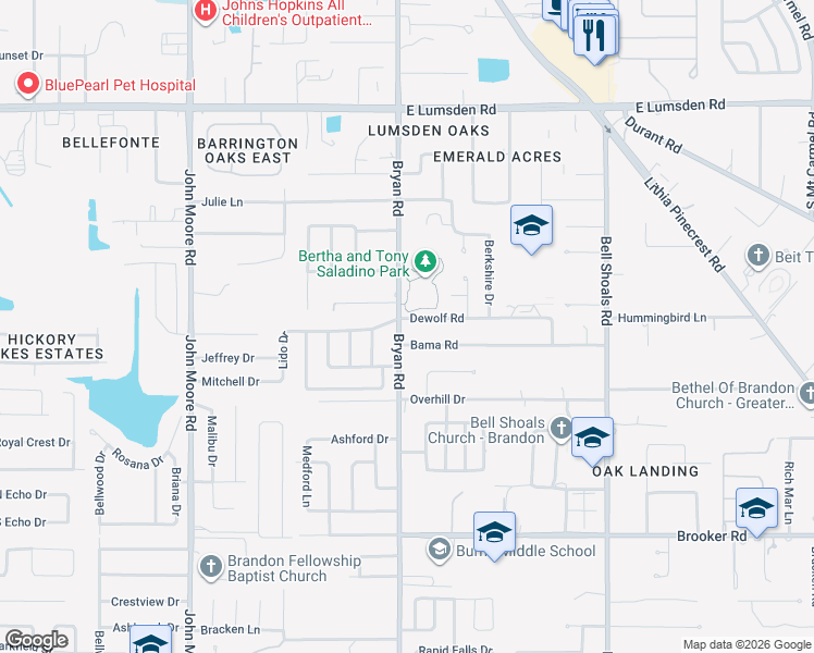 map of restaurants, bars, coffee shops, grocery stores, and more near 601 Dewolf Road in Brandon