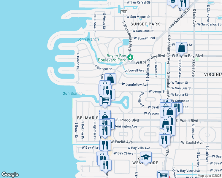 map of restaurants, bars, coffee shops, grocery stores, and more near 4706 West Leona Street in Tampa