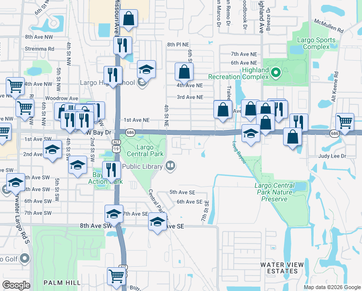 map of restaurants, bars, coffee shops, grocery stores, and more near 501 East Bay Drive in Largo