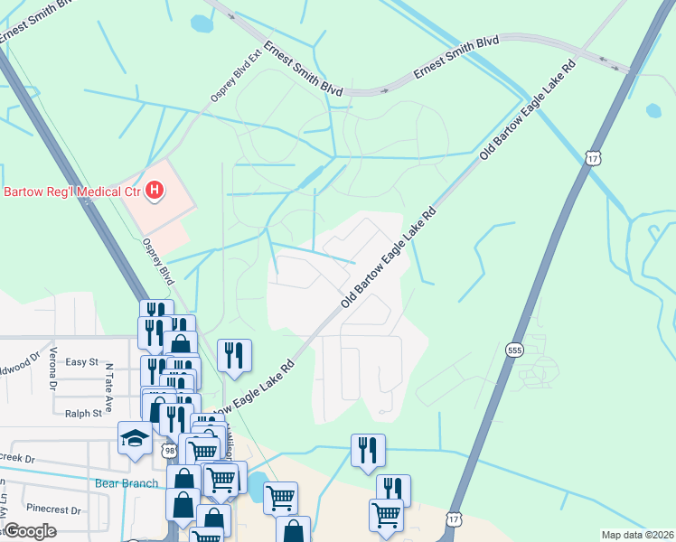 map of restaurants, bars, coffee shops, grocery stores, and more near 1752 Williamsburg Drive in Bartow