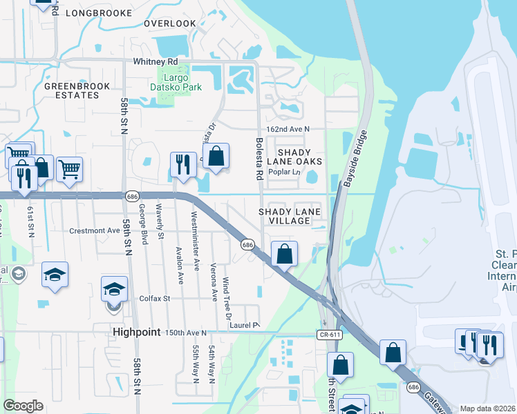 map of restaurants, bars, coffee shops, grocery stores, and more near 15648 Bolesta Road in Clearwater