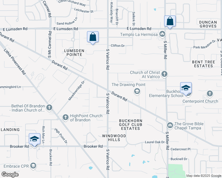 map of restaurants, bars, coffee shops, grocery stores, and more near 2101 Durant Road in Valrico