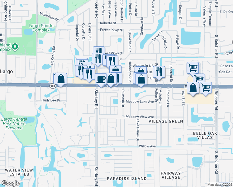 map of restaurants, bars, coffee shops, grocery stores, and more near 152 Plumosa Drive in Largo