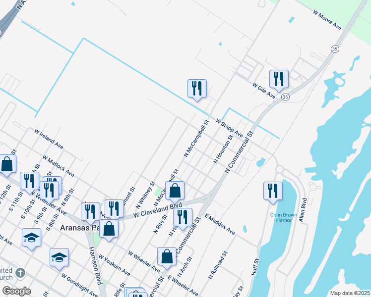 map of restaurants, bars, coffee shops, grocery stores, and more near 735 North McCampbell Street in Aransas Pass