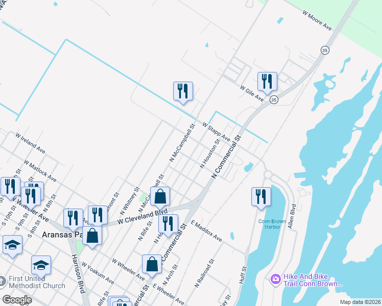 map of restaurants, bars, coffee shops, grocery stores, and more near 239 West Blossom Avenue in Aransas Pass