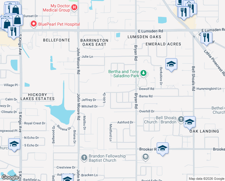 map of restaurants, bars, coffee shops, grocery stores, and more near 1801 Medford Lane in Brandon