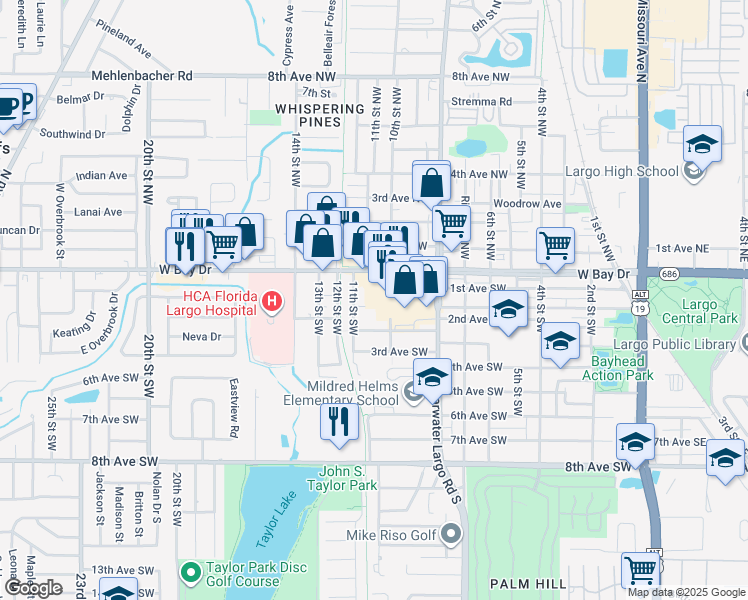 map of restaurants, bars, coffee shops, grocery stores, and more near 176 11th Street Southwest in Largo