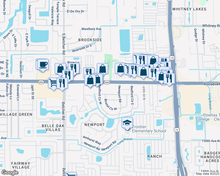 map of restaurants, bars, coffee shops, grocery stores, and more near 7125 Darien Way in Clearwater