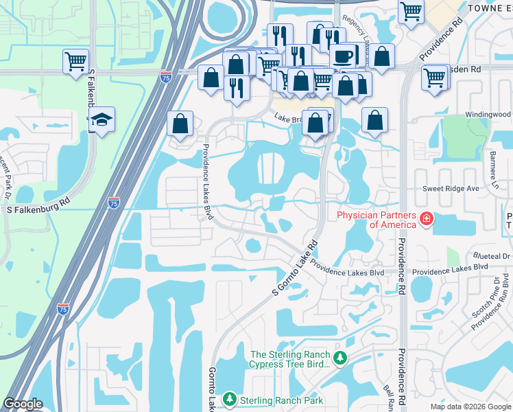 map of restaurants, bars, coffee shops, grocery stores, and more near 1340 Salem Orchard Lane in Brandon