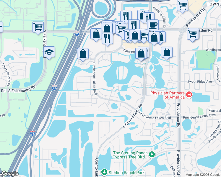 map of restaurants, bars, coffee shops, grocery stores, and more near 2501 Lexington Oak Drive in Brandon