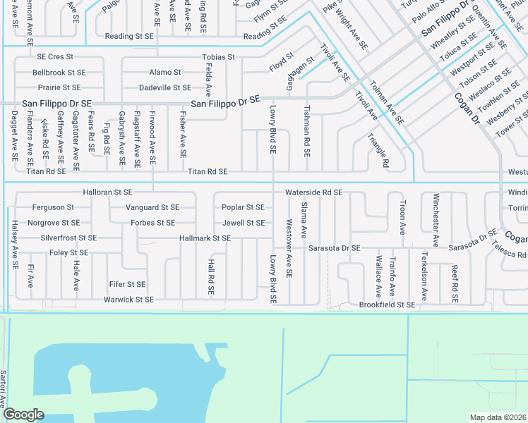 map of restaurants, bars, coffee shops, grocery stores, and more near 574 Jewell Street Southeast in Palm Bay