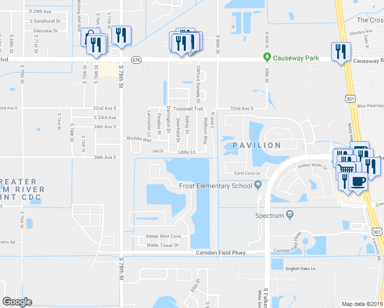 map of restaurants, bars, coffee shops, grocery stores, and more near 8311 Libby Lane in Tampa