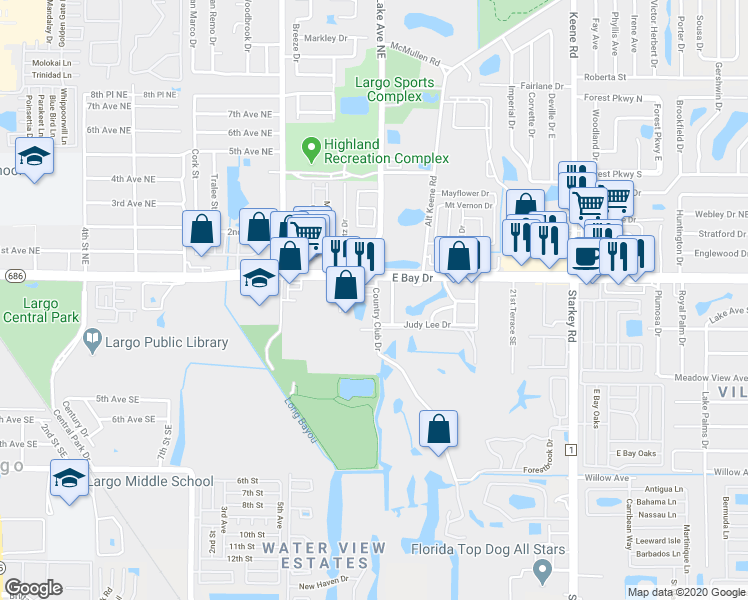 map of restaurants, bars, coffee shops, grocery stores, and more near 200 Countryclub Drive in Largo