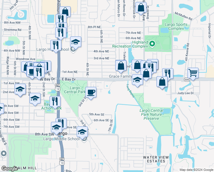 map of restaurants, bars, coffee shops, grocery stores, and more near 501 East Bay Drive in Largo