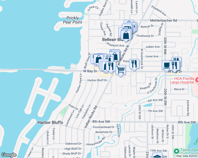 map of restaurants, bars, coffee shops, grocery stores, and more near 111 Harbor Bluff Drive in Largo