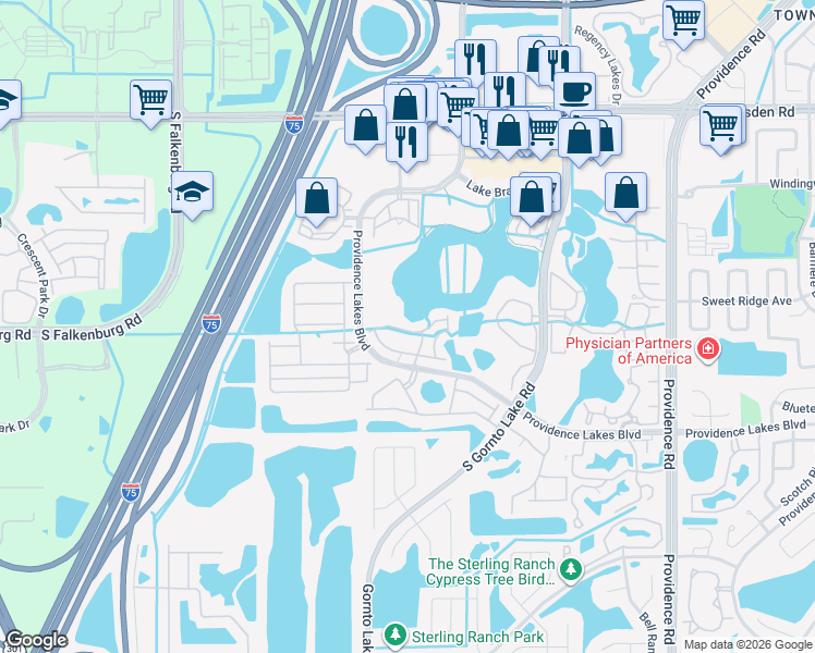 map of restaurants, bars, coffee shops, grocery stores, and more near 2517 Lexington Oak Drive in Brandon