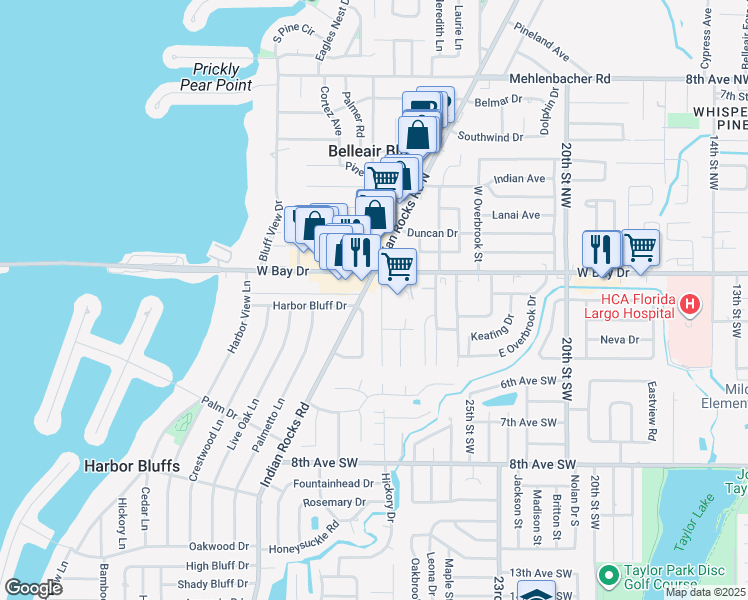 map of restaurants, bars, coffee shops, grocery stores, and more near in Belleair Bluffs