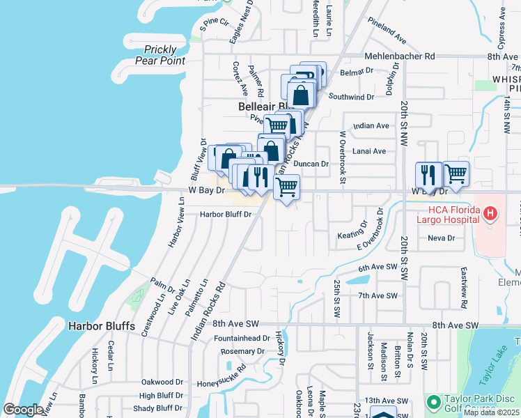 map of restaurants, bars, coffee shops, grocery stores, and more near 2852 West Bay Drive in Belleair Bluffs