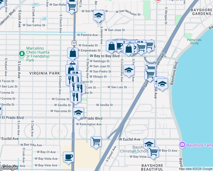 map of restaurants, bars, coffee shops, grocery stores, and more near 3511 West Tacon Street in Tampa