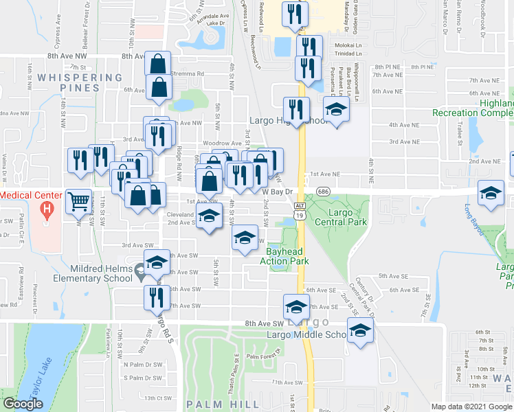 map of restaurants, bars, coffee shops, grocery stores, and more near 251 1st Avenue Southwest in Largo