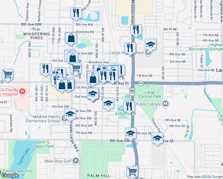 map of restaurants, bars, coffee shops, grocery stores, and more near 281 1st Avenue Southwest in Largo