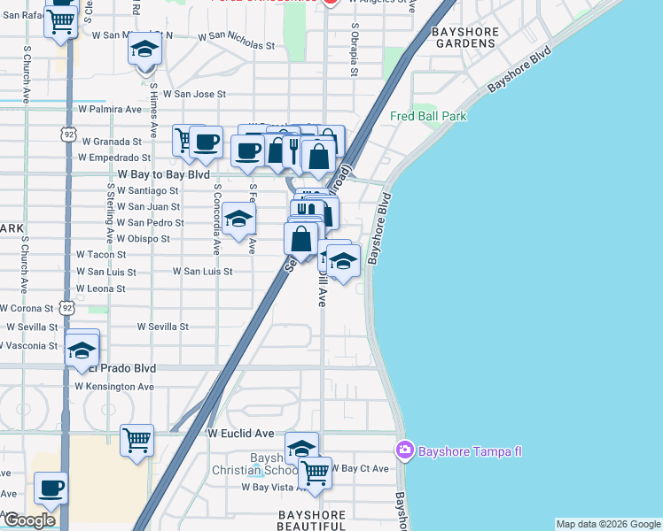 map of restaurants, bars, coffee shops, grocery stores, and more near 3014 West Grovewood Court in Tampa