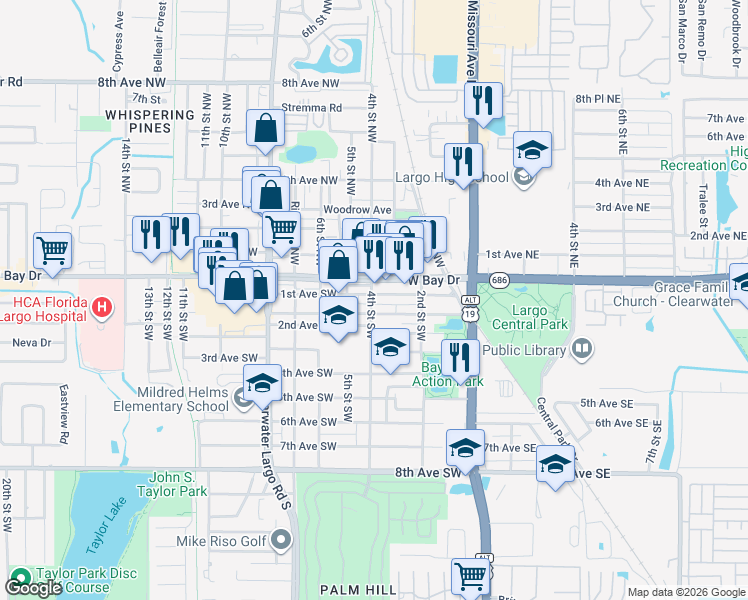 map of restaurants, bars, coffee shops, grocery stores, and more near 391 1st Avenue Southwest in Largo