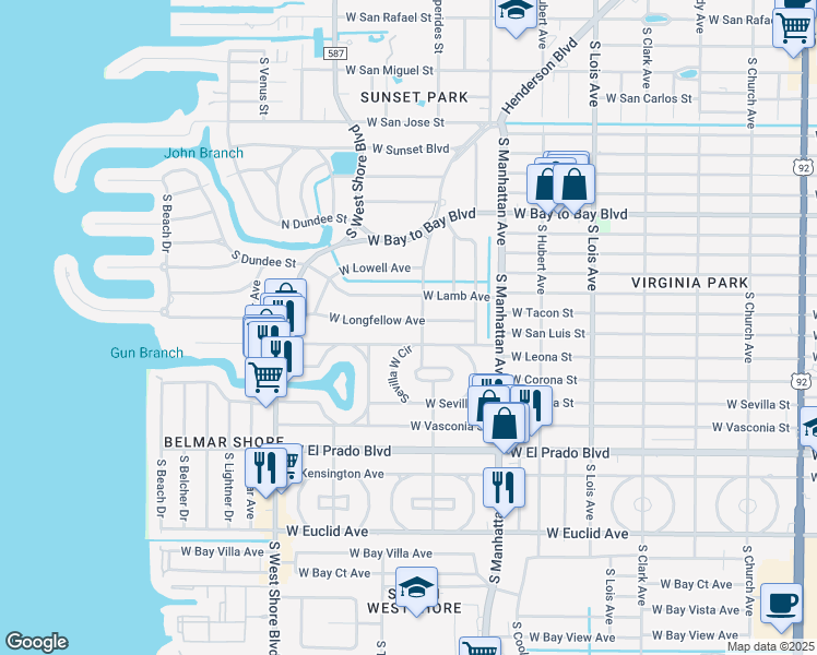 map of restaurants, bars, coffee shops, grocery stores, and more near 3105 South Schiller Street in Tampa