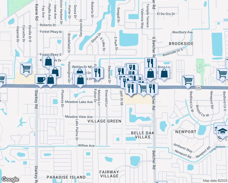 map of restaurants, bars, coffee shops, grocery stores, and more near 3365 East Bay Drive in Largo